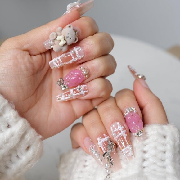 tipsy | Handmade Press On Nails | Long Coffin| 3D Nail | Crochet | Beary Pearly - Picture 9 of 16